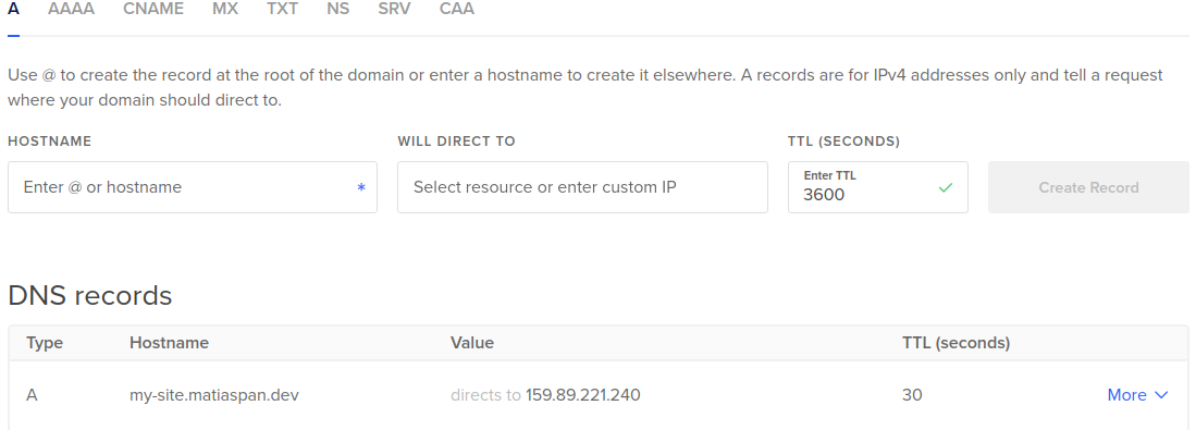 DigitalOcean control panel for DNS management