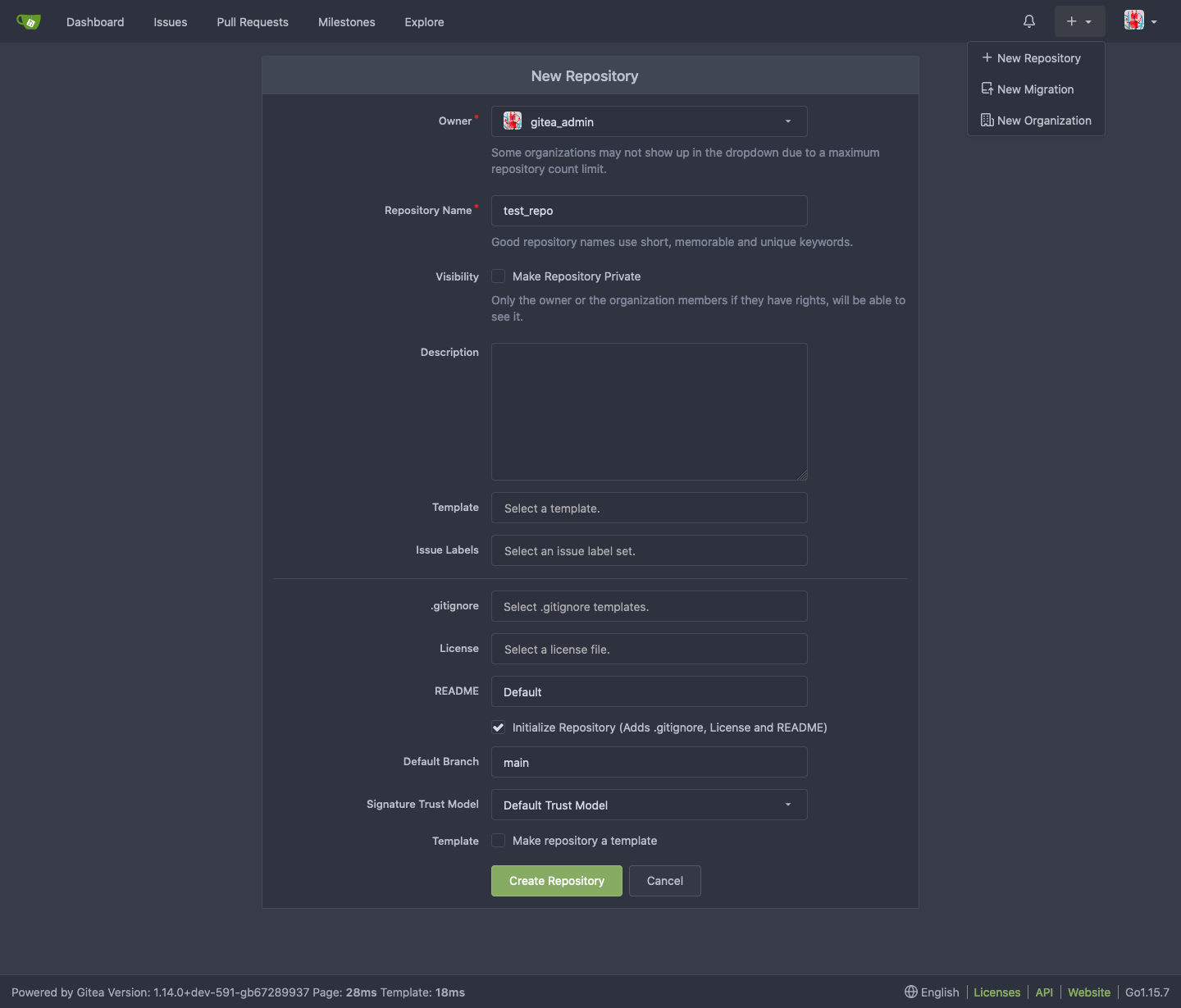 screenshot to create a repository in gitea