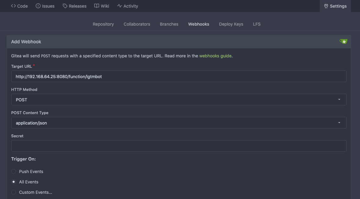 setup webhook in gitea
