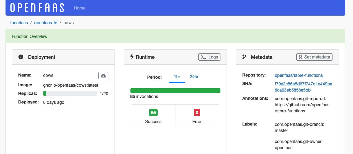 Function detail, including metrics, logs and metadata about its deployment