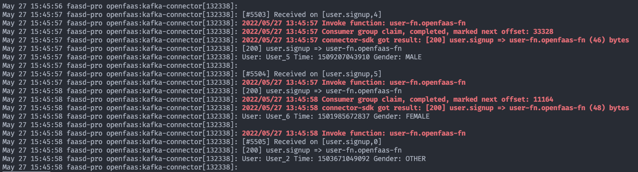 Logs of the kafka connector that show messages being consumed by the user-fn function