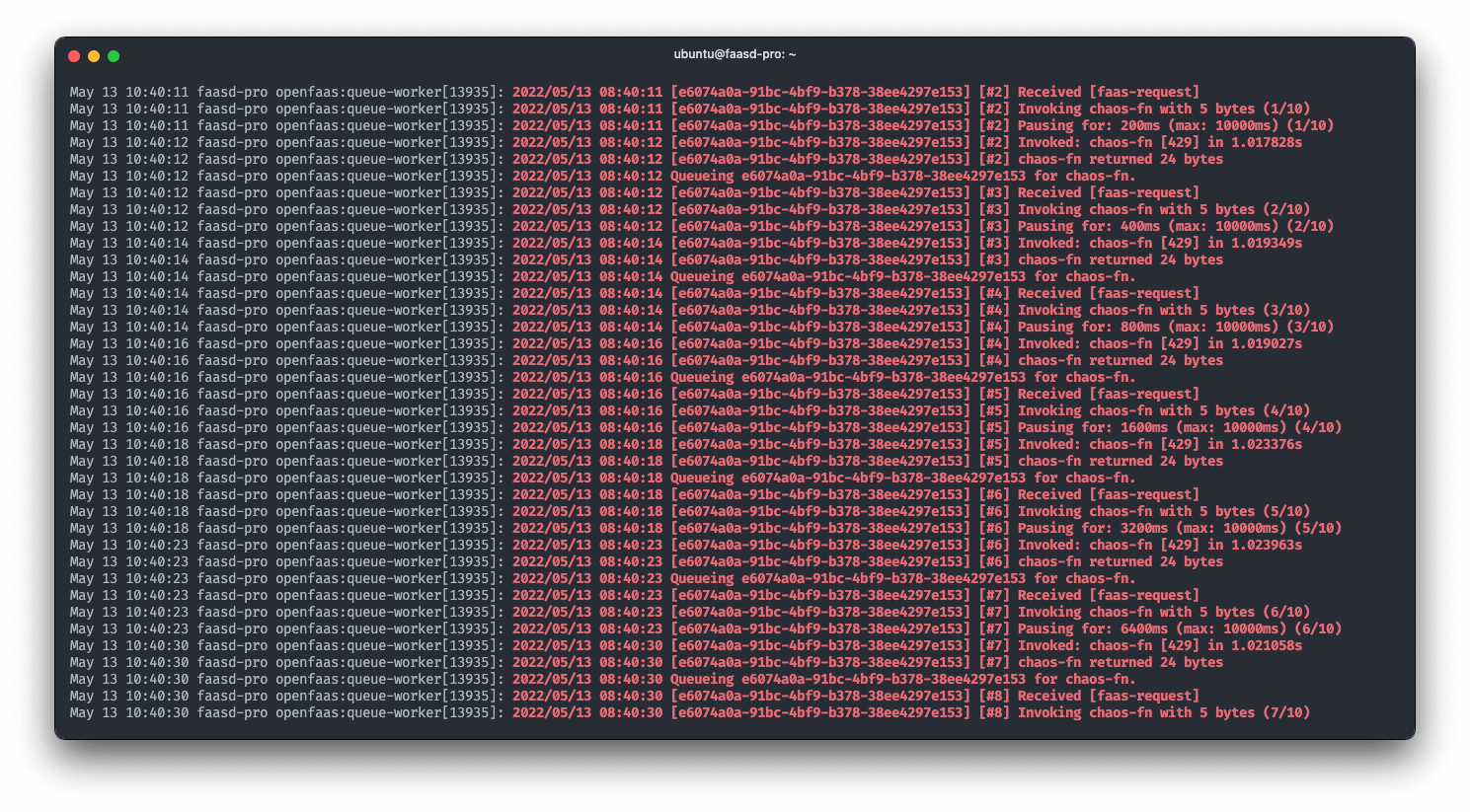 Logs form the queue worker showing retries with exponential back-off