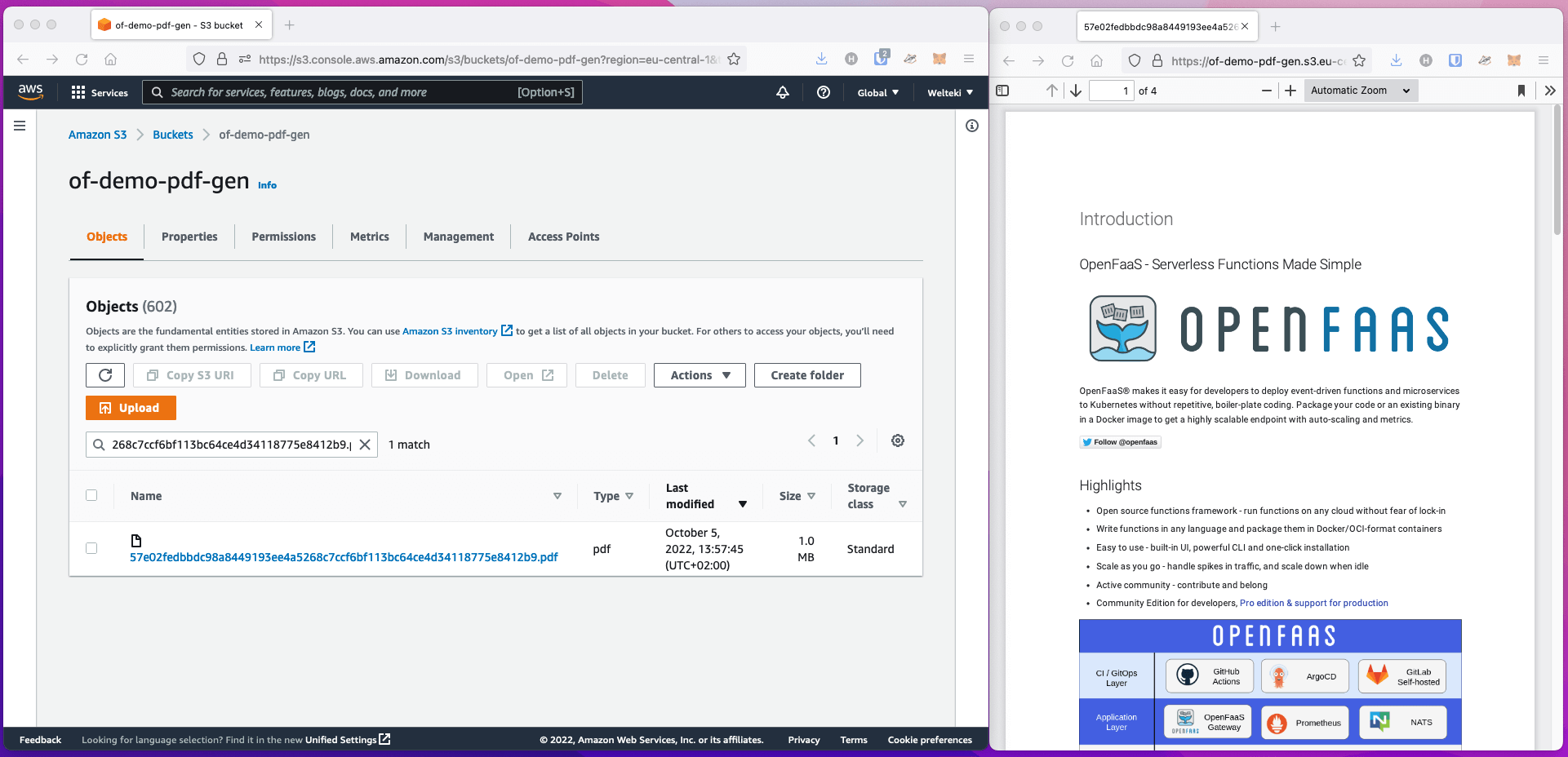 AWS Console with generated PDF