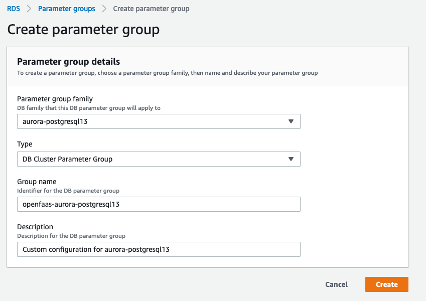 Cluster parameter group configuration in the RDS console