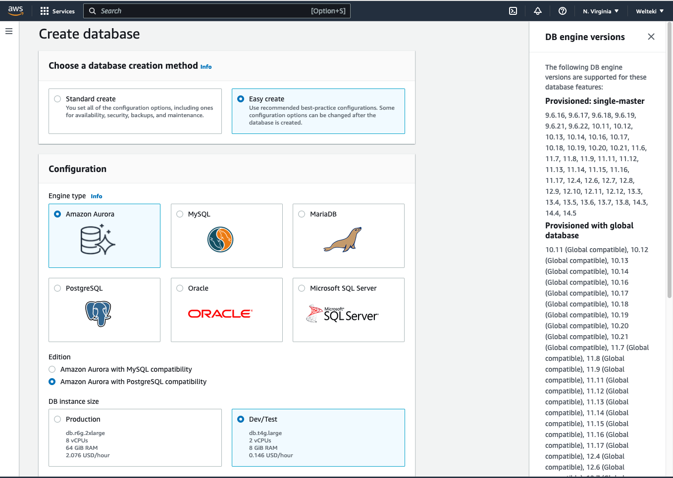 Database creation in the RDS console