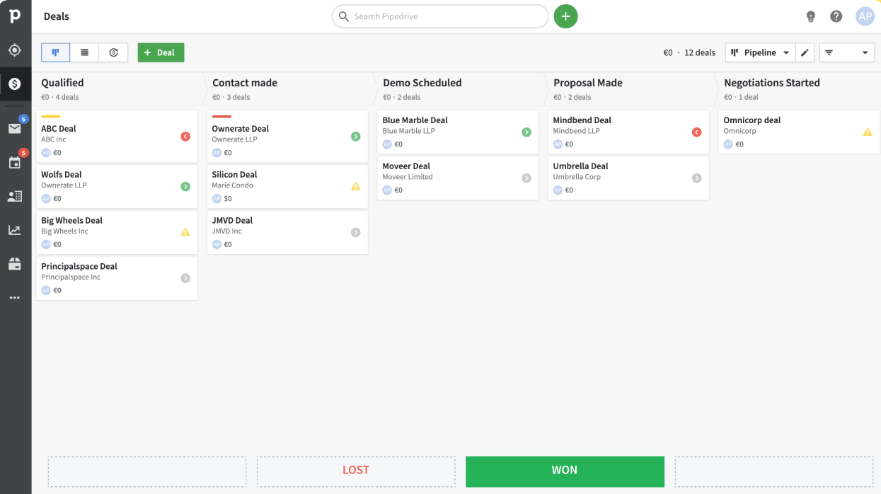 Screenshot of Pipedrive, a CRM aimed at start-ups