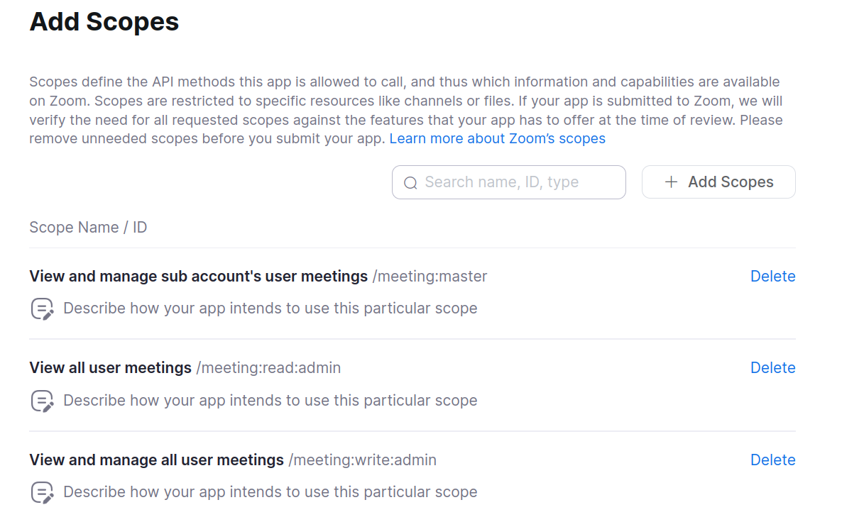 The requested scopes for creating a meeting