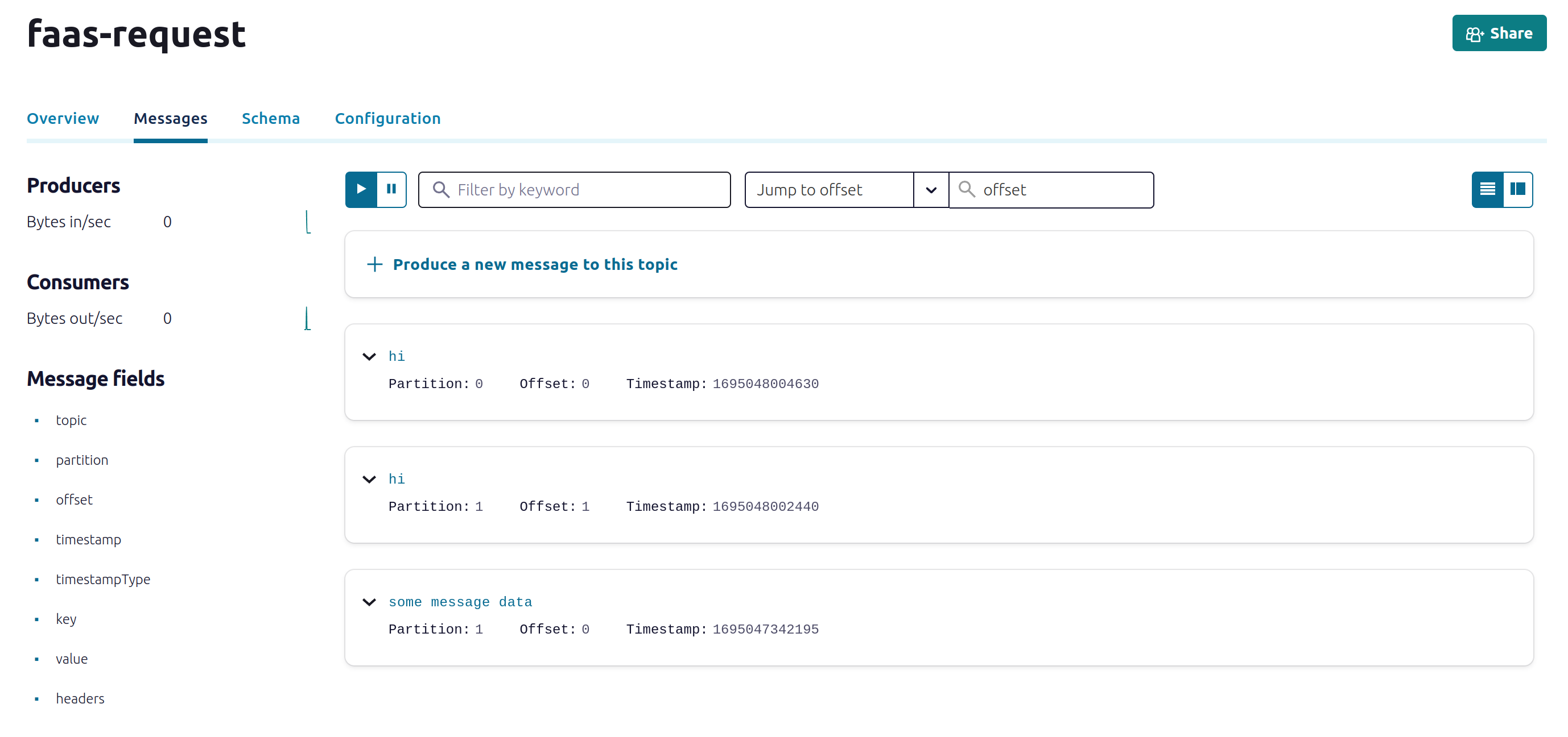 Example messages showing up on the topic in the Confluent Dashboard