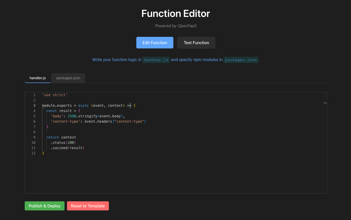 Screenshot of the OpenFaaS Function Editor main page