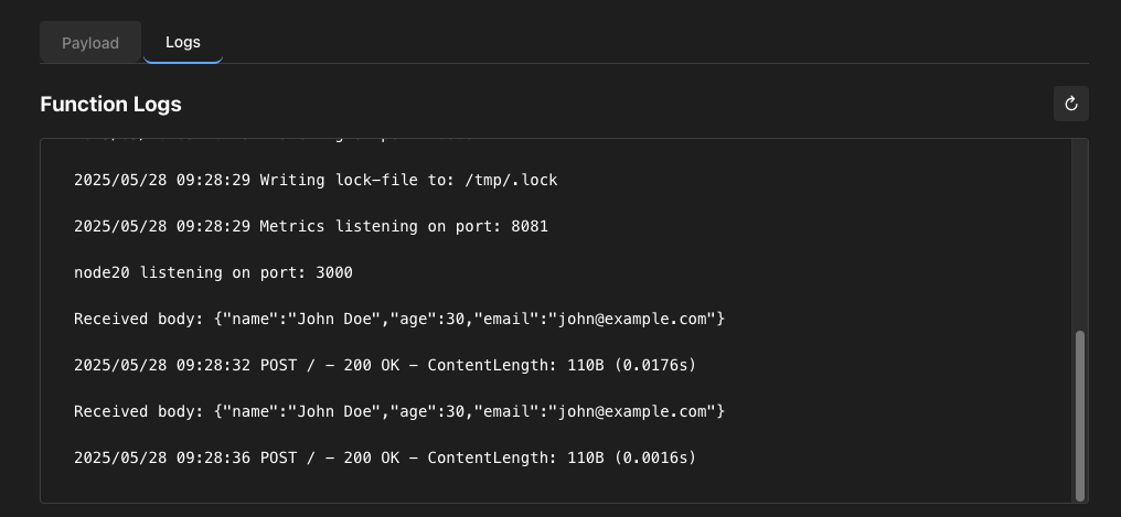 Screenshot of the function logs tab