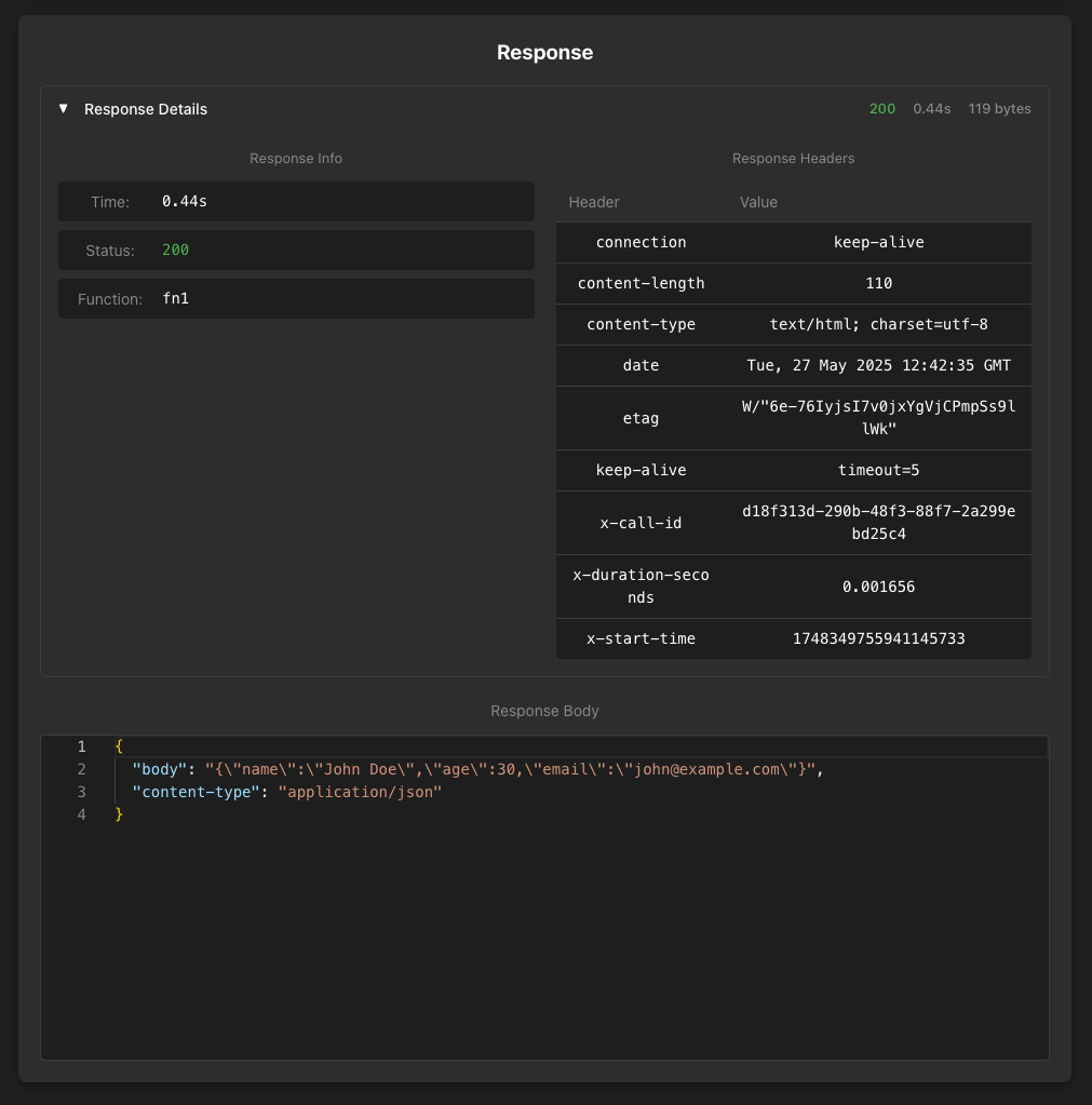 Screenshot of the response inspection card on the invocation page
