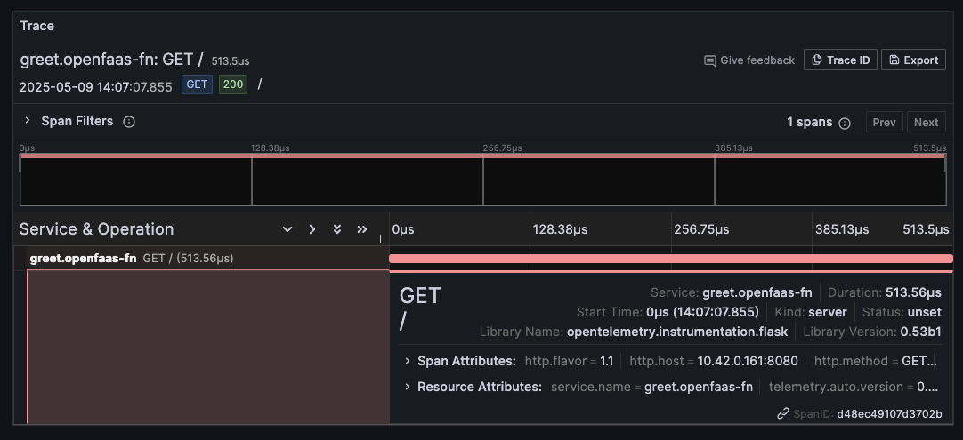 Screenshot of a trace detail in the Grafana Explorer