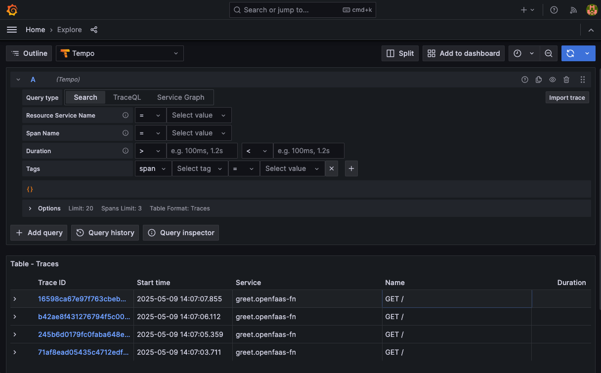 Screenshot of the Grafana Explorer showing an overview of the most recent trace IDs