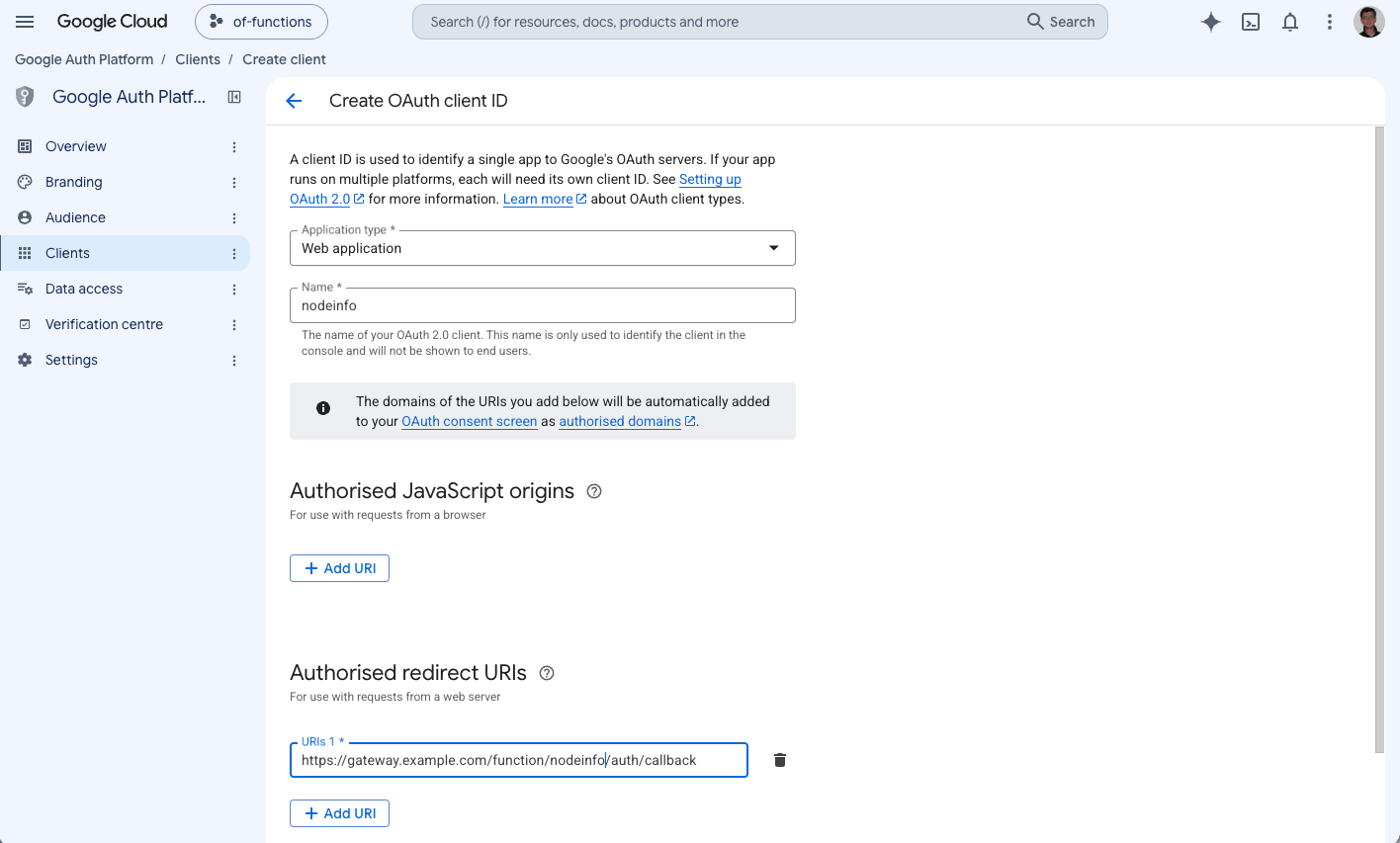 Google Auth Platform OAuth client form with Web application selected and the nodeinfo function's auth/callback URL configured as an authorized redirect URI