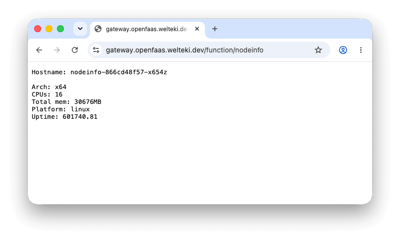 Nodeinfo function response in a browser showing hostname, architecture, CPU count, memory, platform, and uptime